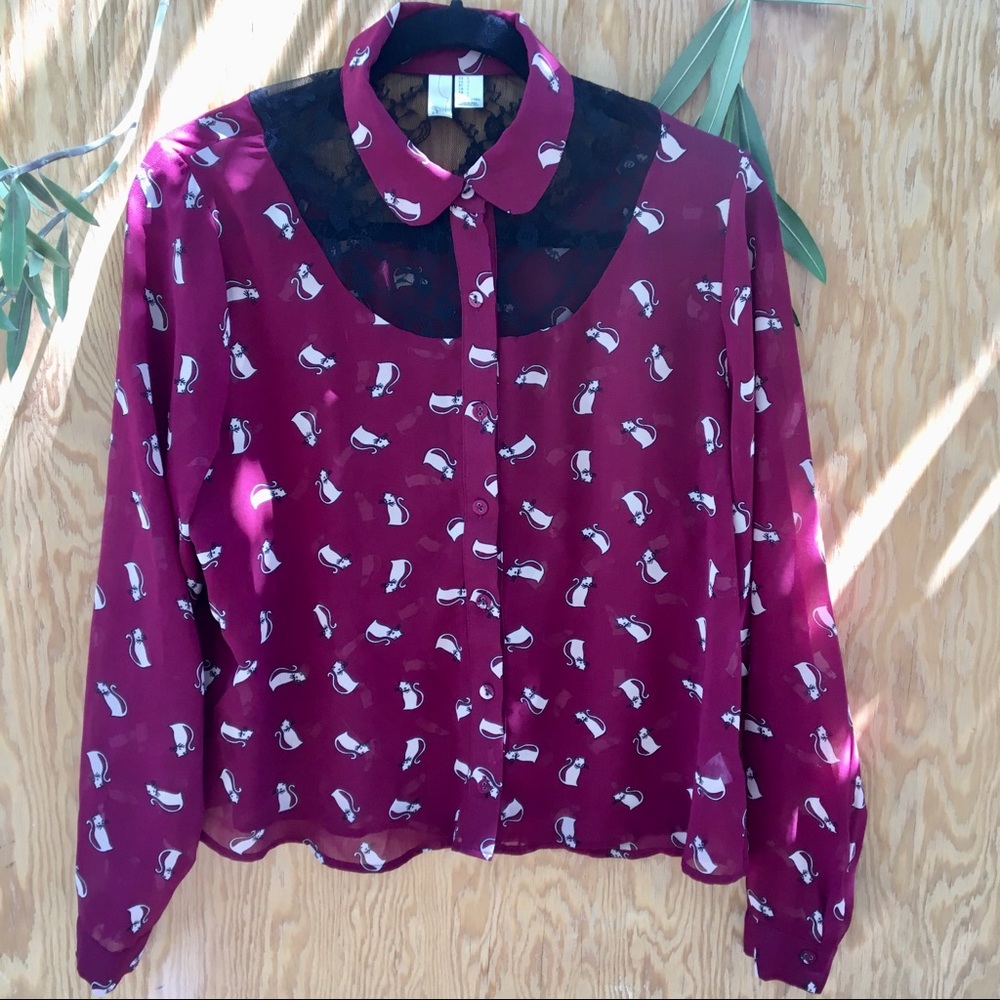 Cat Kitten Kitty Lace Button Down Blouse Burgundy